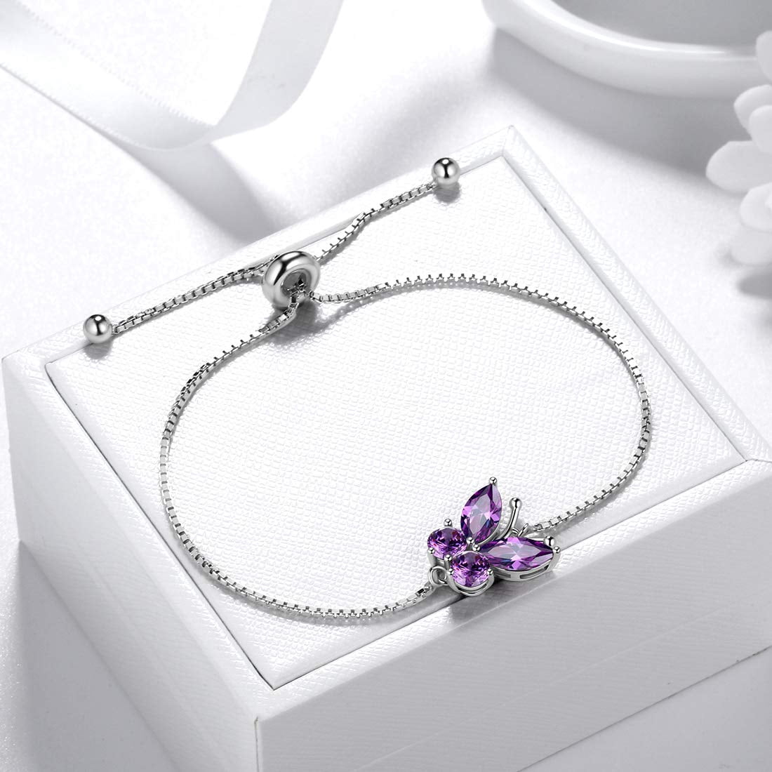 February Birthstone Bracelets Purple Butterfly Bracelet Amethyst CZ 925 Sterling Silver Birthday Jewelry Women Xmas Mother's Day Gifts