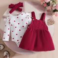 thumbnail image 4 of SERTG Girls Heart Print Long Sleeve Overalls and Dress Set with Bow Hairband Fall Winter Soft Cotton Three-Piece Outfit(Red,6-9 Months), 4 of 9