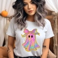 thumbnail image 2 of Rainbow Glitter Ghost with Bow Cute Halloween Graphic T-Shirt, Azalea, Size 2XL, 2 of 6