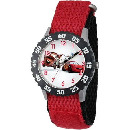 Disney Cars Mater and Lightning McQueen Boys' Stainless Steel Time Teacher Watch, Black Bezel, Red Hook-and-Loop Nylon Strap with Black Backing