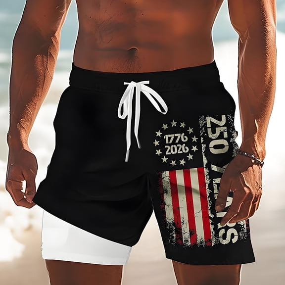 Mens Swim Trunks American 250th Anniversary Patriotic July 4th Print Double Layer Beach Shorts Black M
