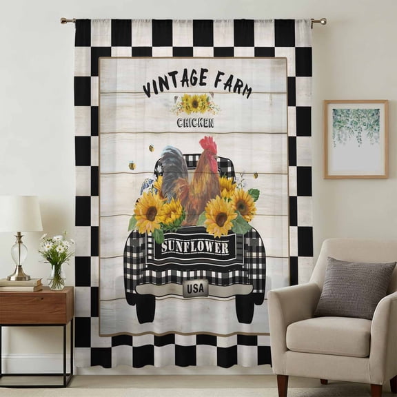 Country Chicken Sheer Curtains 84 Inches Long, Rustic Car Sunflowers Farmhouse Black White Plaid Light Filering Curtains, Breathable Simi Curtain Privacy Drapes for Living Room Window Treatment