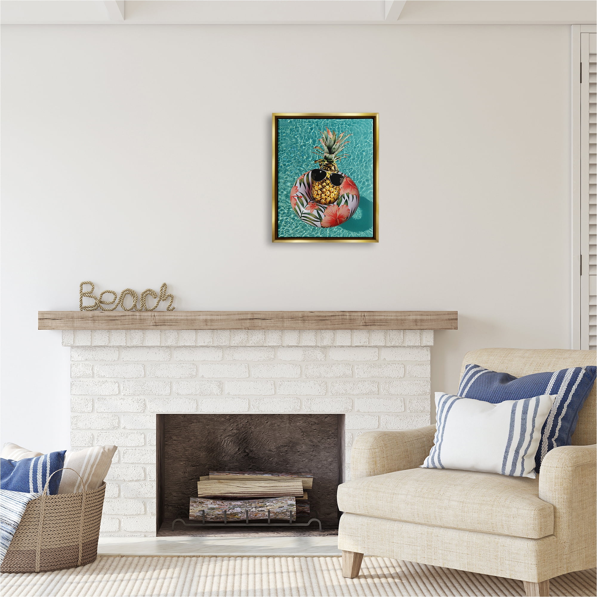 Stupell Industries Pineapple on Beach Tube Food & Beverage Painting Gold Floater Framed Canvas Art Print Wall Art, 17 x 21