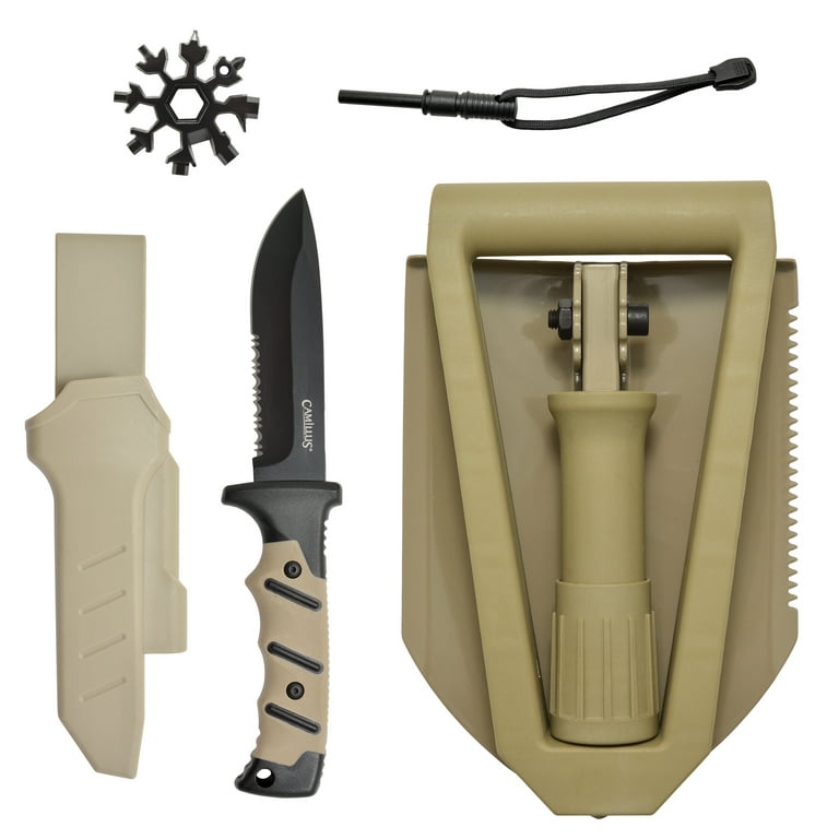 Camillus Adventure Pack, 4.88 Drop-Point Knife and Sheath, with Foldable  Shovel, Firestarter and 18-Multi-Tools 