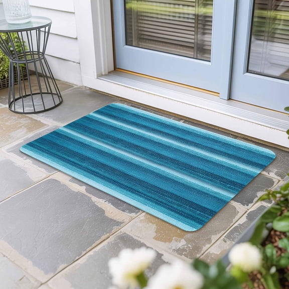 Turquoise Teal Ombre Door Mat Indoor Outdoor, Farmhouse Modern Abstract Striped Non Slip Welcome Mat with Rubber Backing, Absorbent Fabric Front Door Mats Entryway Rug for Home Patio Entrance 24"x36"