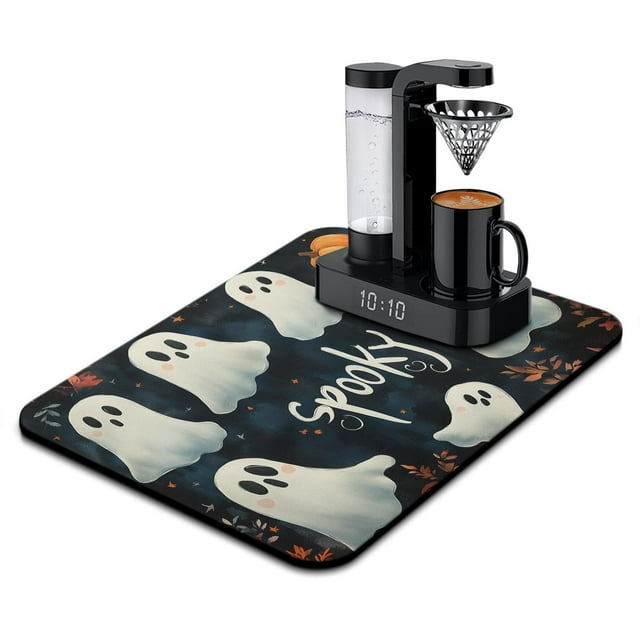 Dish Drying Mat Halloween Spooky Cute Ghost Bat Boo Kitchen Drying Mat Non Slip Foldable Washable 18x24 Inch Dry Pad for Coffee Tableware Sink Countertop