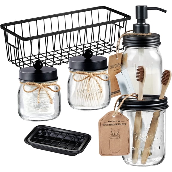 Mason Jar Bathroom Accessories Set - Toothbrush Holder, Lotion Soap Dispenser, Mason Jar, Soap Dish, Toilet Paper Basket, Rustic Farmhouse Decor