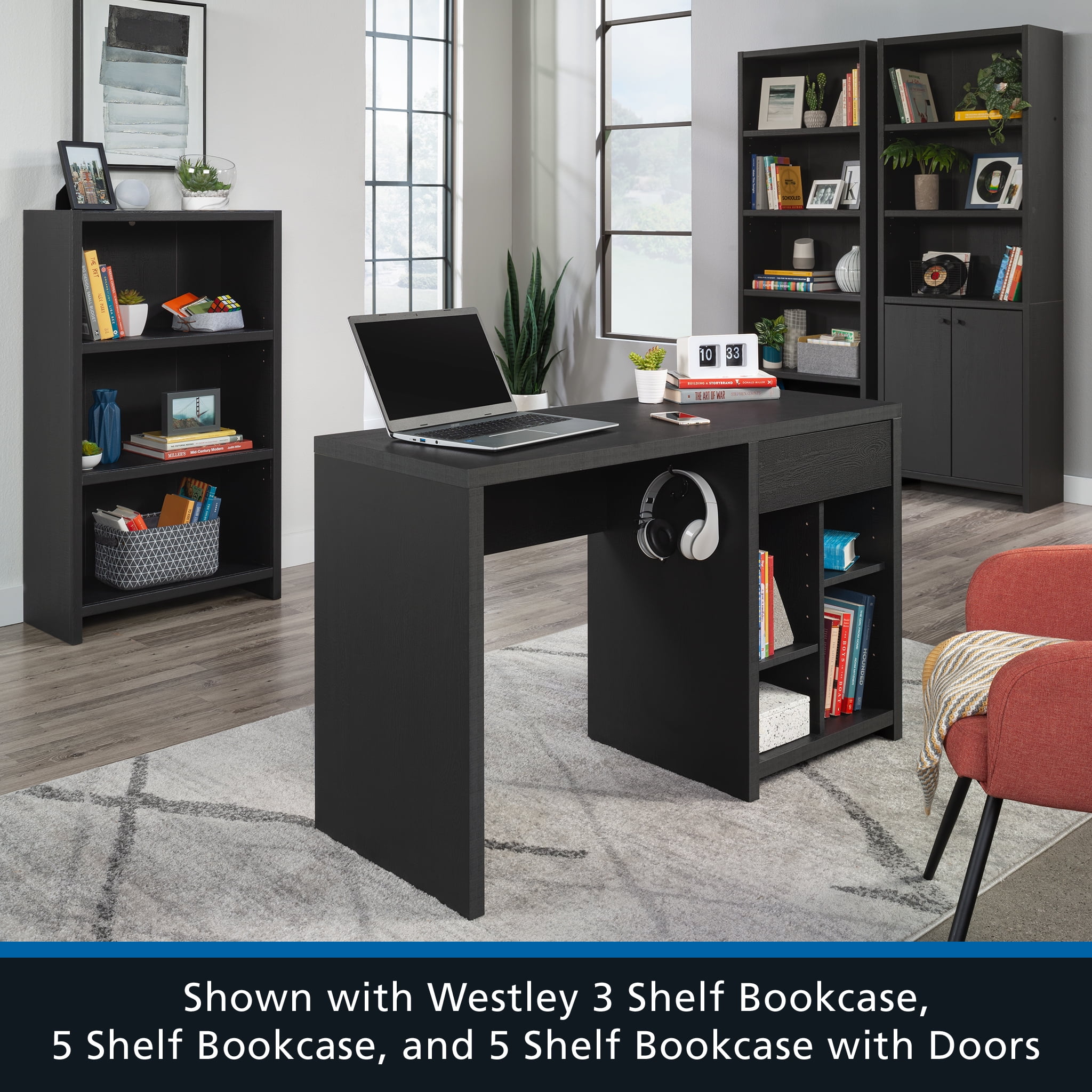 Mainstays Westley Adjustable Shelf Desk with Gaming Headphone Hook and Cable Management, Black Finish