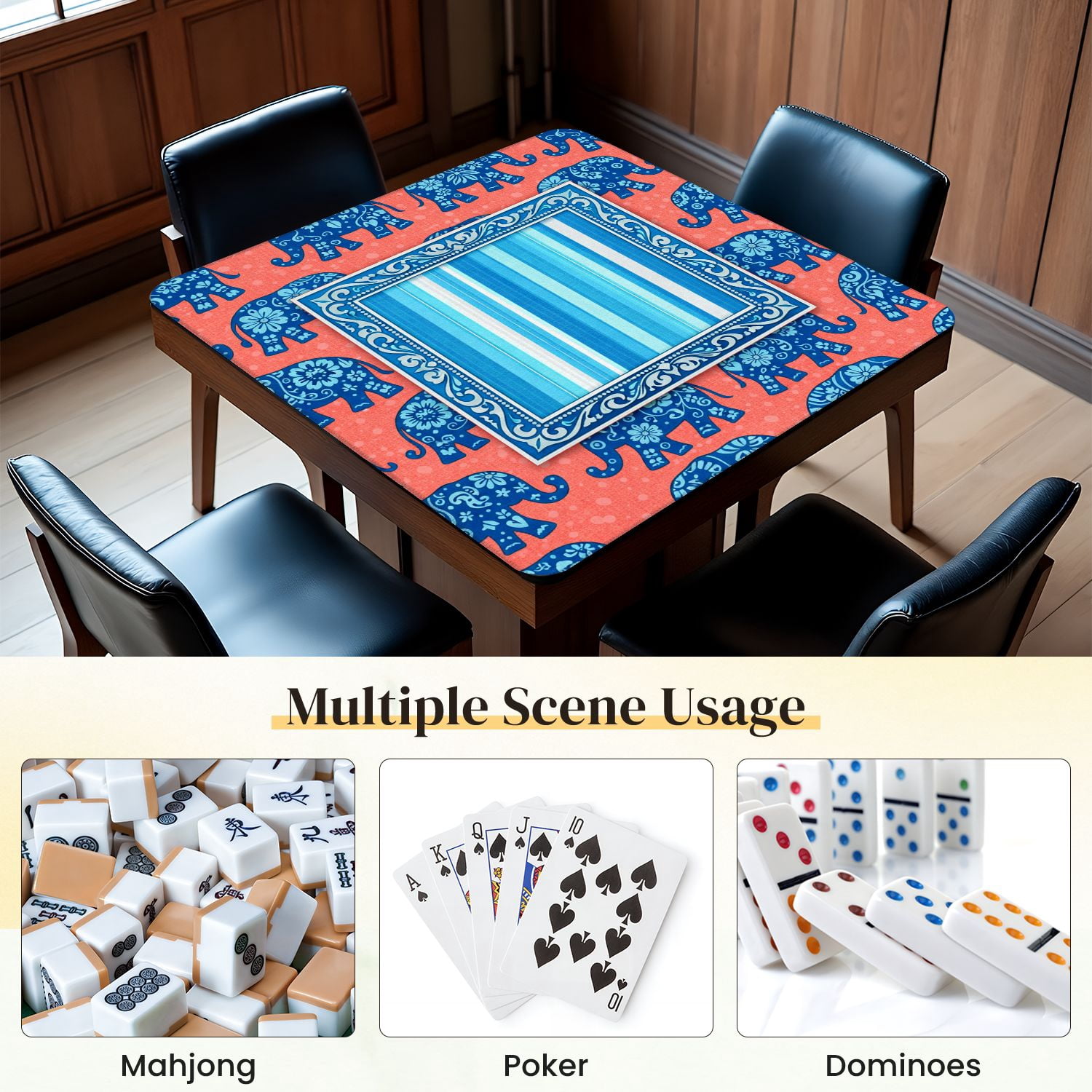 Mahjong Mat 31.5" x 31.5" Blue Floral Elephants Coral Central Blue Striped Frame Non-Slip Noise Reduction Mahjong Tiles Table Cover for Dominoes Poker Card Board and Tile Games