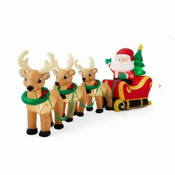 9Ft Lighted Christmas Inflatables Santa Claus on Sleigh with 3 Reindeer & Christmas Tree for Indoor Outdoor Home Holiday Decor