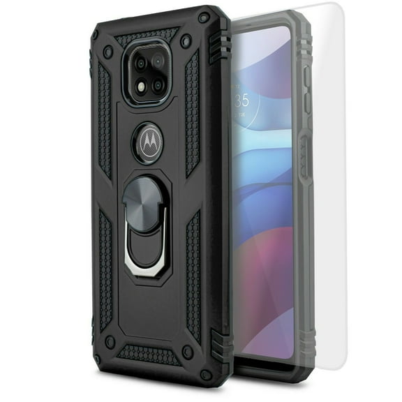 for Motorola Moto G Power 2021 (NOT FIT 2020 Version) with Tempered Glass Ring Phone Case Magnet Mount Ready Slip Guard Grids Pattern Kickstand Hybrid Slim Shock Bumper Cover