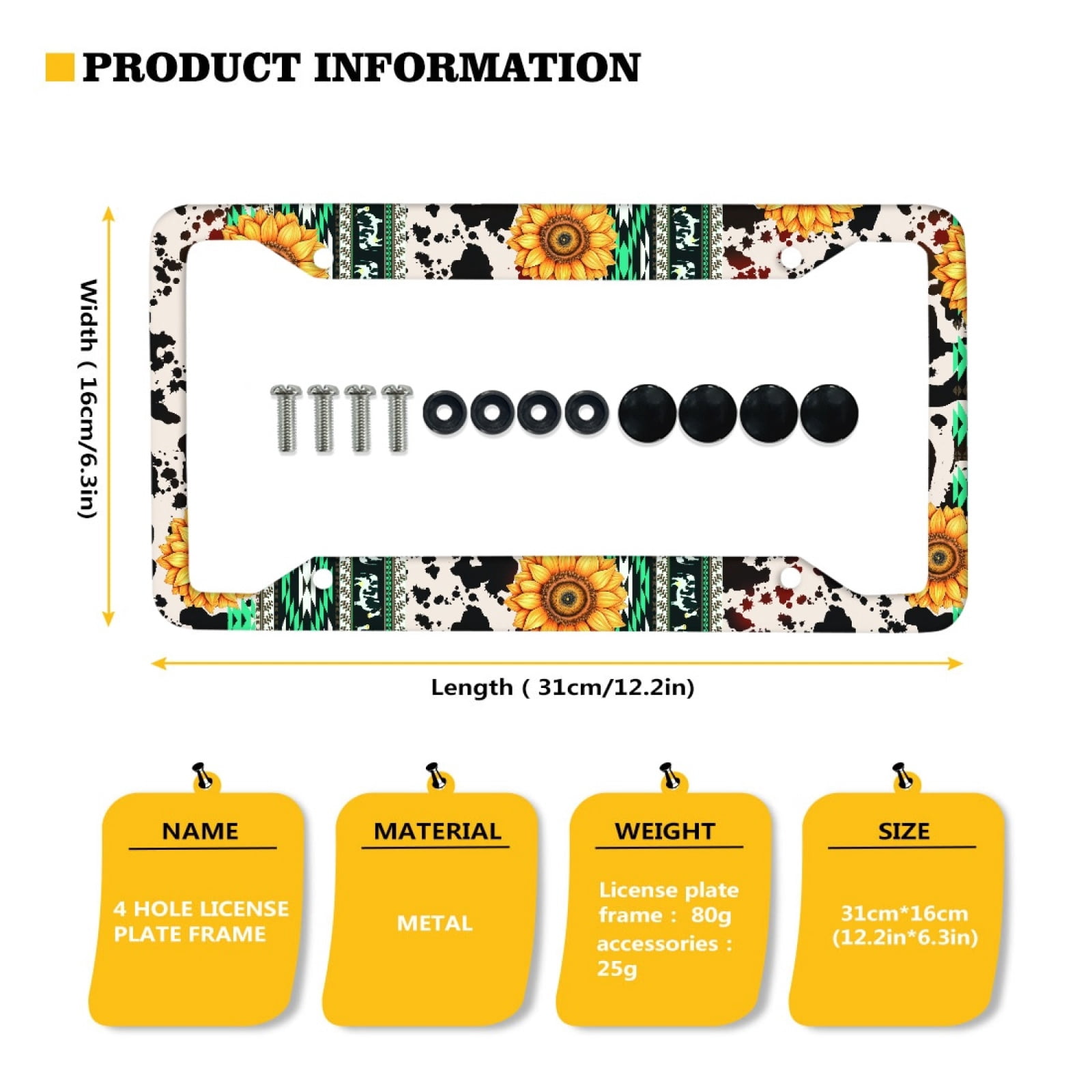 Renewold American Tribal Sunflower Cow Print Green Car License Plate Frame Holder Automotive Tag with Screws Car Decorative Accessories Set of 2