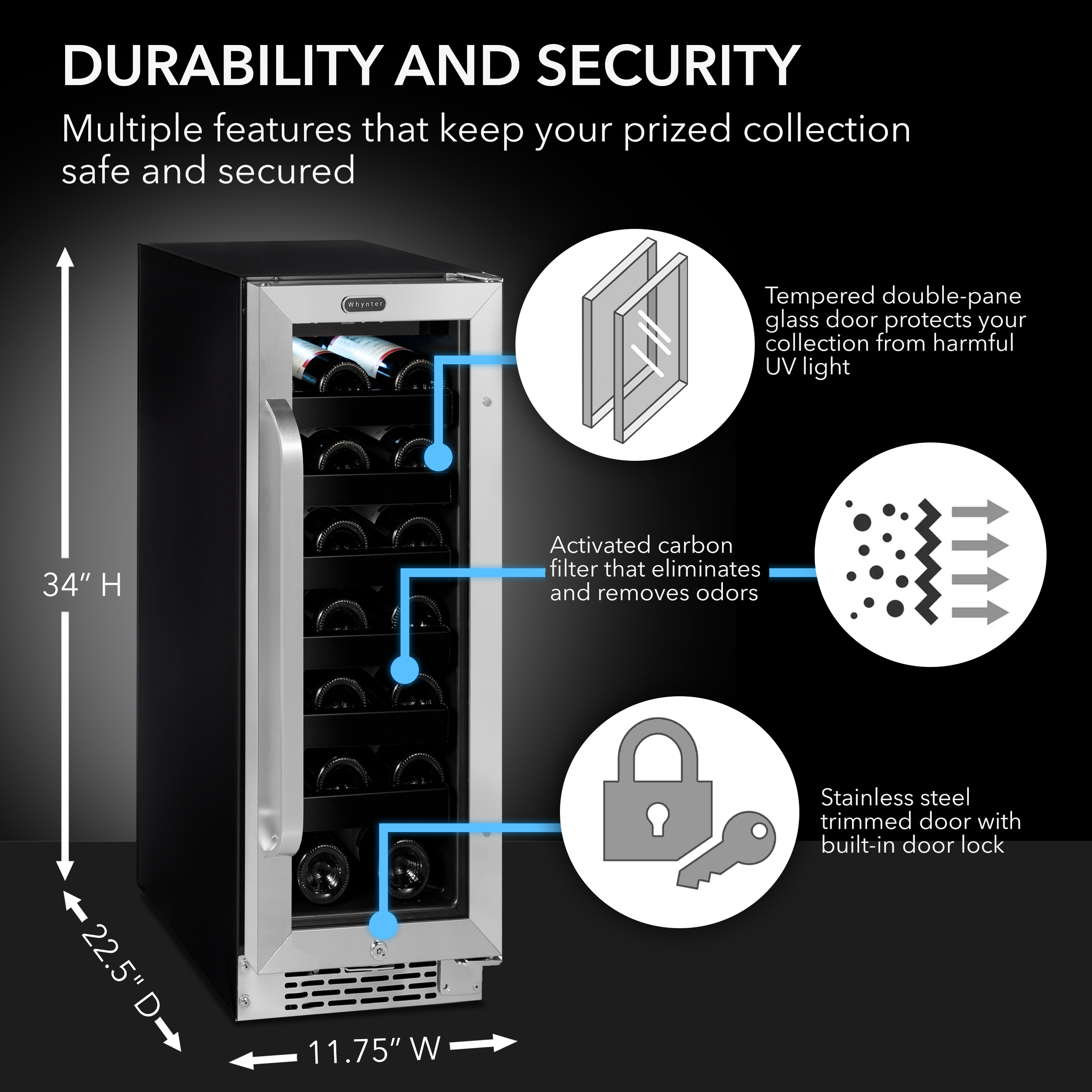 Whynter BWR-208SB 20-Bottle Wine Refrigerator, Stainless Steel, Undercounter or Freestanding, Single Zone Cooling