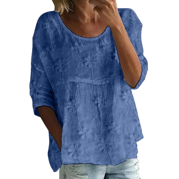 Womens Summer Tops Printed Round Neck Half 3/4 Sleeve Loose Large Size Casual Tee Daily Leisure Tops