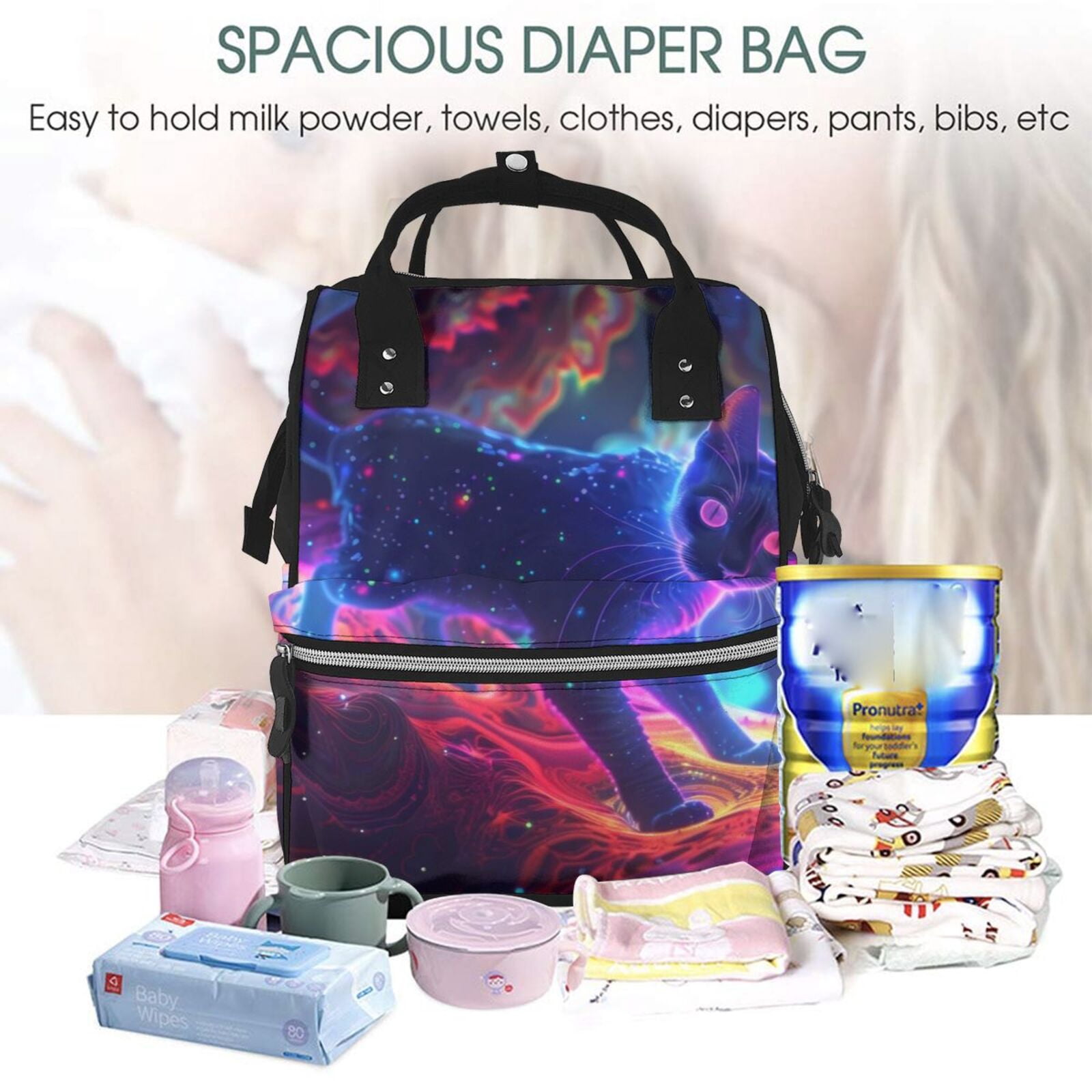 Defioc Cosmic Cat Psychedelic Journey for Baby Diaper Bag Backpack - Baby Bag for Boys & Girls - Diaper Backpack - Large Travel Diaper Bags- Baby Registry Search & Shower Gifts