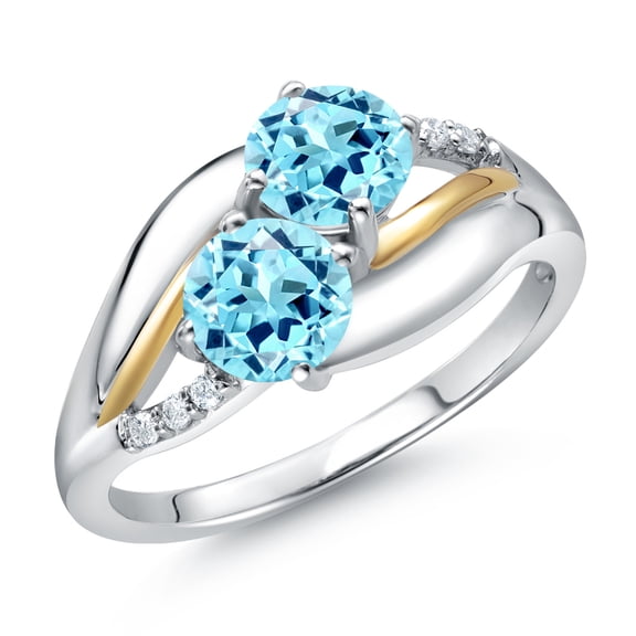 Gem Stone King 925 Sterling Silver and 10k Yellow Gold Blue Apatite and White Lab Grown Diamond 2 Stone Engagement Ring for Women (1.03 Cttw, Round 5MM, Gemstone, Size 9)