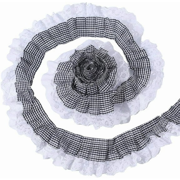 5Yds Gray Picnic Plaid Ribbon Pleated Ruffled Gathered Chiffon Lace Trim 2.5 Inch Gingham Checkered Taffeta Plaid Decoration Edge Trimming Fabric Woven Applique