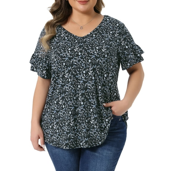 Agnes Orinda Women's Plus Size Floral Tops V Neck Ruffle Sleeve Summer Casual Blouses  3X Black