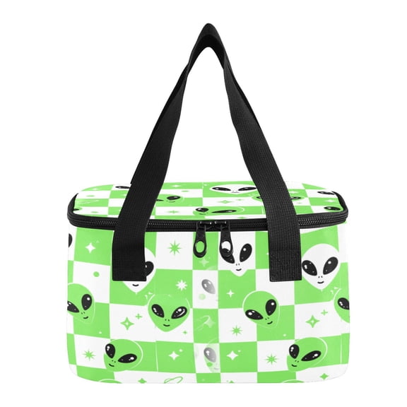 6L Insulated Lunch Bag Square Handheld Cooler Tote Alien Space Checkered Pattern Reusable Thermal Bag with Polyester & Aluminum Lining for Work Picnic Travel