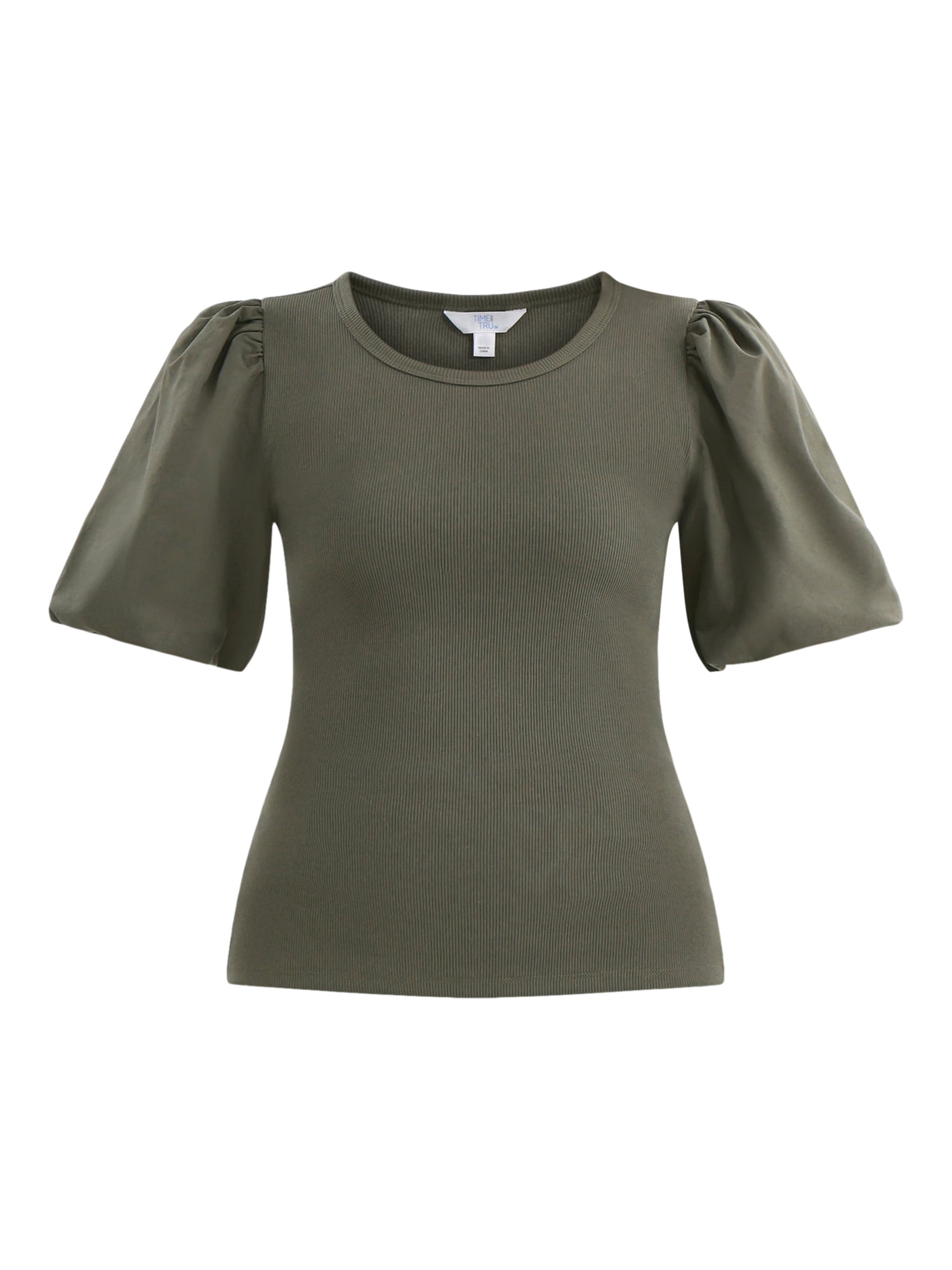 Time and Tru Women's Mixed Media Top with Puff Sleeves, Sizes XS-XXXL