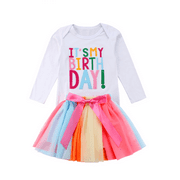 Inevnen Baby Girl My Birthday Print Long Sleeve Rainbow Letter T-shirt Colorful Tutu Skirt 2Pcs Set