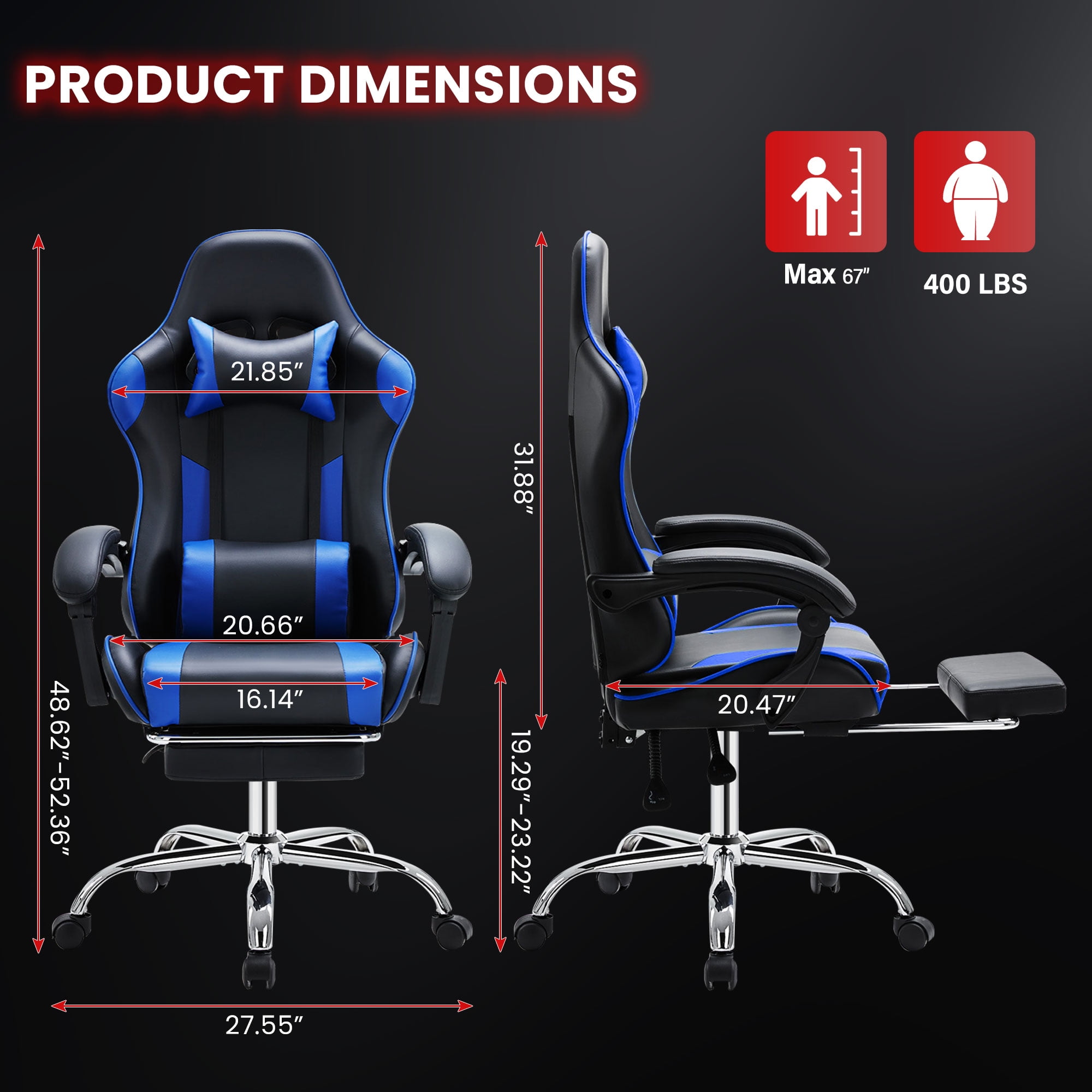 JONPONY Big and Tall Gaming Chair, Ergonomic Design, Gamer Chair PU Leather with Footrest and Lumbar Support, High Back Office Chair Support 8 Hours Long Sitting, Computer Chair,Black Blue