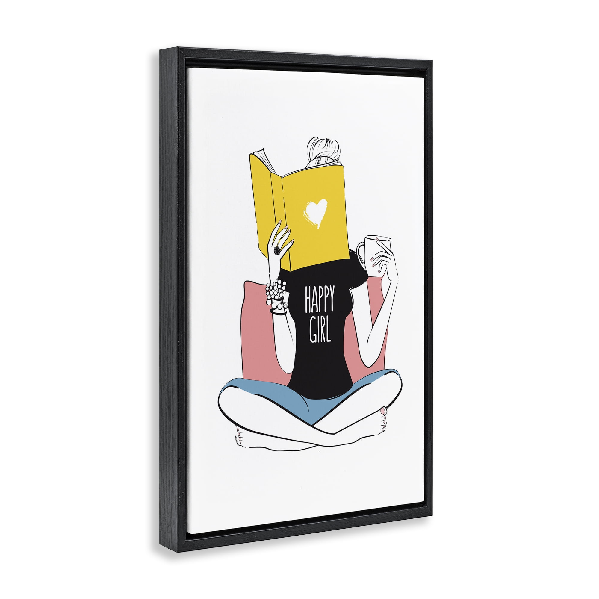 Stupell Industries Happy Reader Girl Novelty Painting Black Floater Framed Art Print Wall Art, 17 x 25