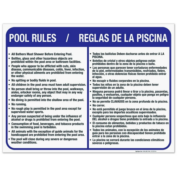 Bilingual Pool Rules Sign, English Spanish,
