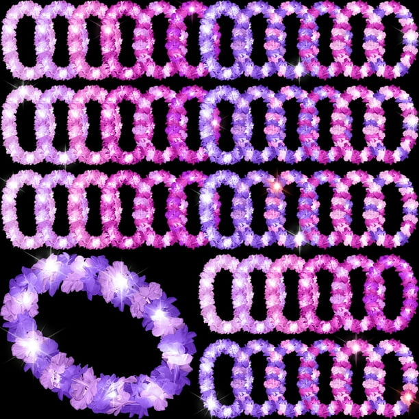 Collar Sherr con forma de leis hawaiano LED, 48 unidades, 100 cm, color morado