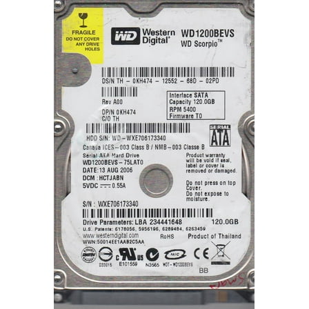 WD1600BEVT-22ZCT0, DCM HANTJABB, Western Digital 160GB SATA 2.5 Hard Drive