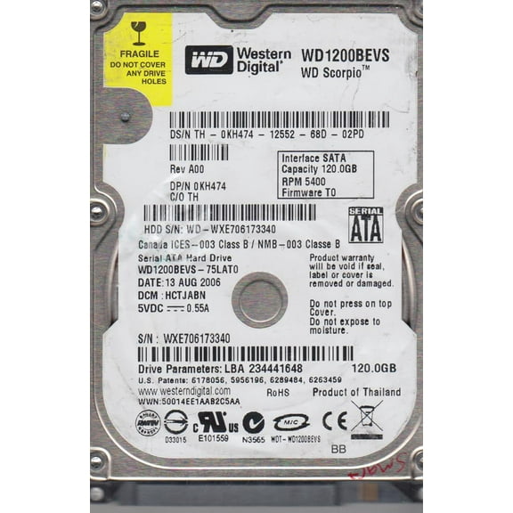 WD1600BEVT-22ZCT0, DCM HANTJABB, Western Digital 160GB SATA 2.5 Hard Drive