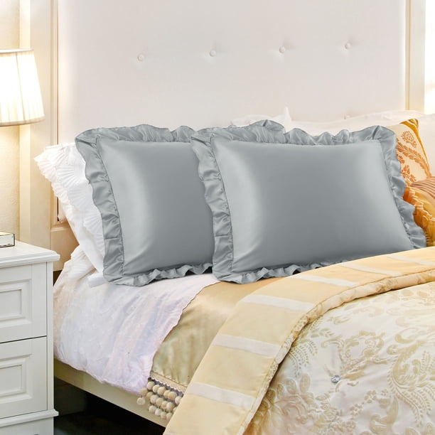 Conjunto de 2 fundas de almohada con volantes de satén REGALWOVEN, estándar plateado