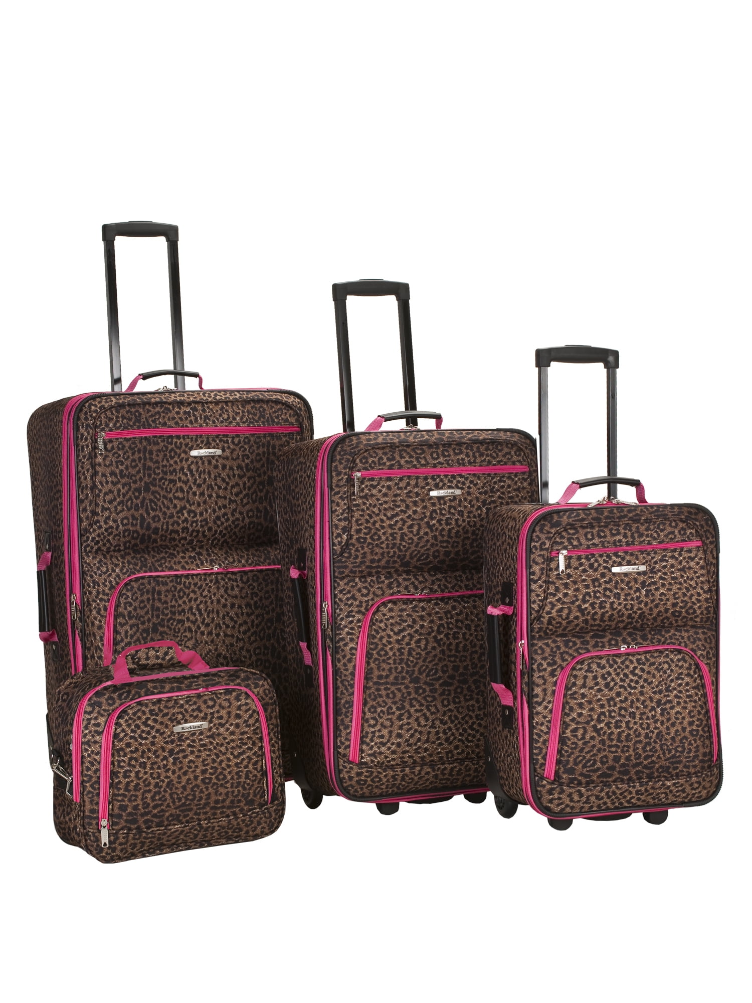 Rockland Safari 4pc Rolling Softside Checked Luggage Set - Pink Leopard