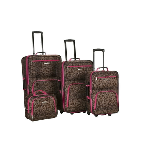 Rockland Safari 4pc Rolling Softside Checked Luggage Set - Pink Leopard