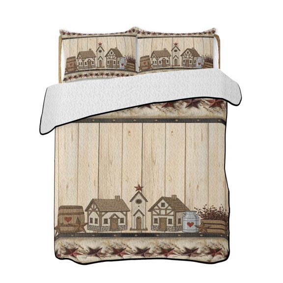 Full Size Quilt Bedding Set, Barn Star Wooden Reversible Summer Quilt 3 Pieces, Grey Farmhouse Berry Botanical Lightweight Bedspreads Coverlets with 2 Pillow Shams for All Seasons