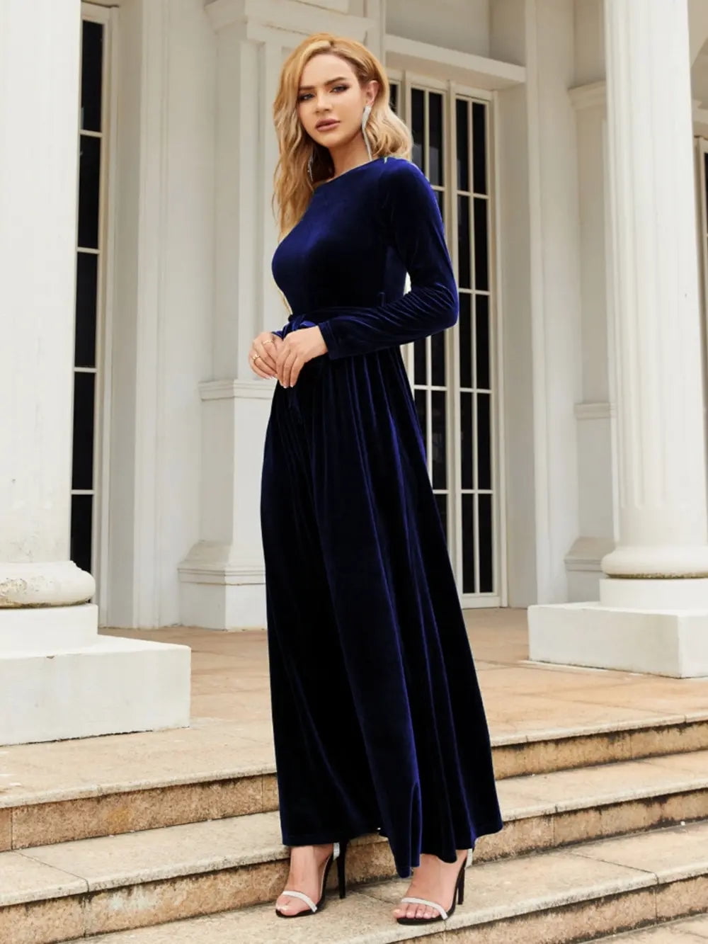 Simple Dark Blue Dress With Sleeves Midi Dress With Velvet Wrap Dress Red  Velvet Maxi Dress