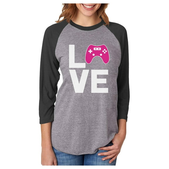 Gamer Gifts LOVE Gaming Shirt Video Gamer 3/4 Women Sleeve Baseball Jersey Shirt Small black/gray