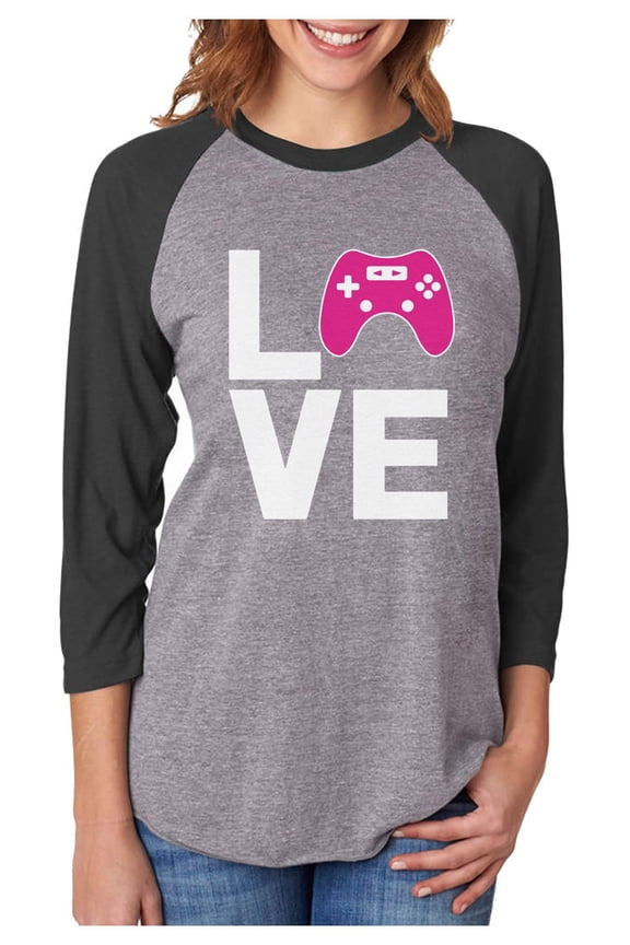 Gamer Gifts LOVE Gaming Shirt Video Gamer 3/4 Women Sleeve Baseball Jersey Shirt Small black/gray