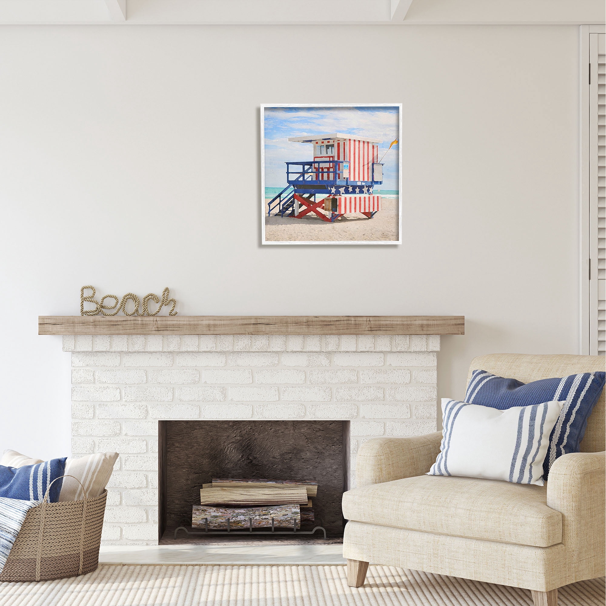 Stupell Industries Striped Lifeguard Hut Nature Painting White Framed Art Print Wall Art, 24 x 24