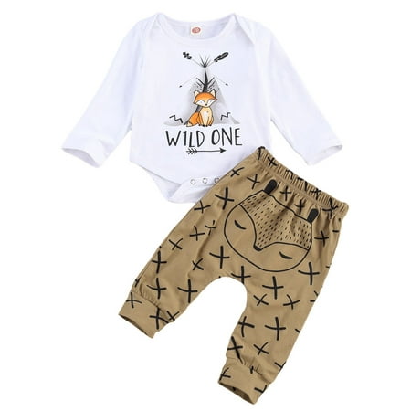 

Springcmy Baby Fox Letters Printed Pattern Round Collar Romper Pants Sets