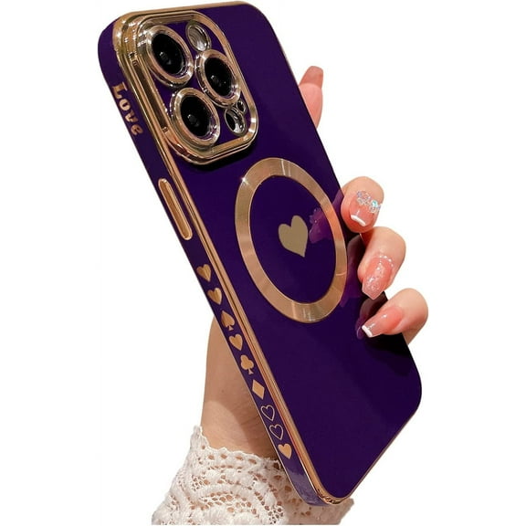 Magnetic Case for iPhone 14 Pro Max Case for Women Men [ Compatible with MagSafe ], Cute Love Heart Soft Back Cover Raised Full Camera Lens Protection Phone Case (6.7") - Purple