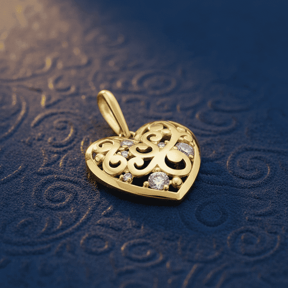 Vinali Solid 14K Yellow Gold Filigree Heart CZ Pendant