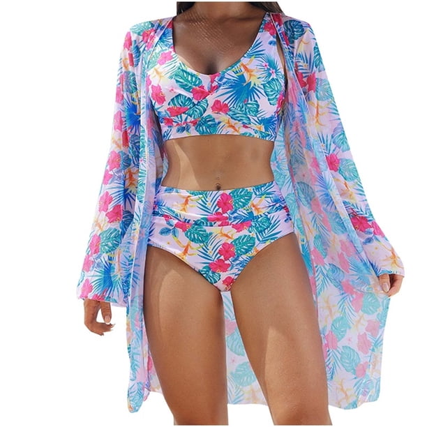Trajes de Baño de Bikini de Mujer con Correas Impresas V Sexy Split Set de Tres Piezas, Diseño de Corte Alto para la Piscina de Playa Y las Vacaciones de Verano