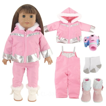 Doll winter set including doll coat + doll pants + doll socks + doll shoes + doll camera suitable for 18-inch dolls
