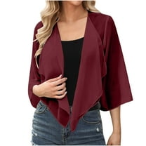 Women's Chiffon Shrug Cardigan 3/4 Sleeve Open Front Drape Irregular Hem Bolero Lightweight Sheer Casual Cover Up Red, L