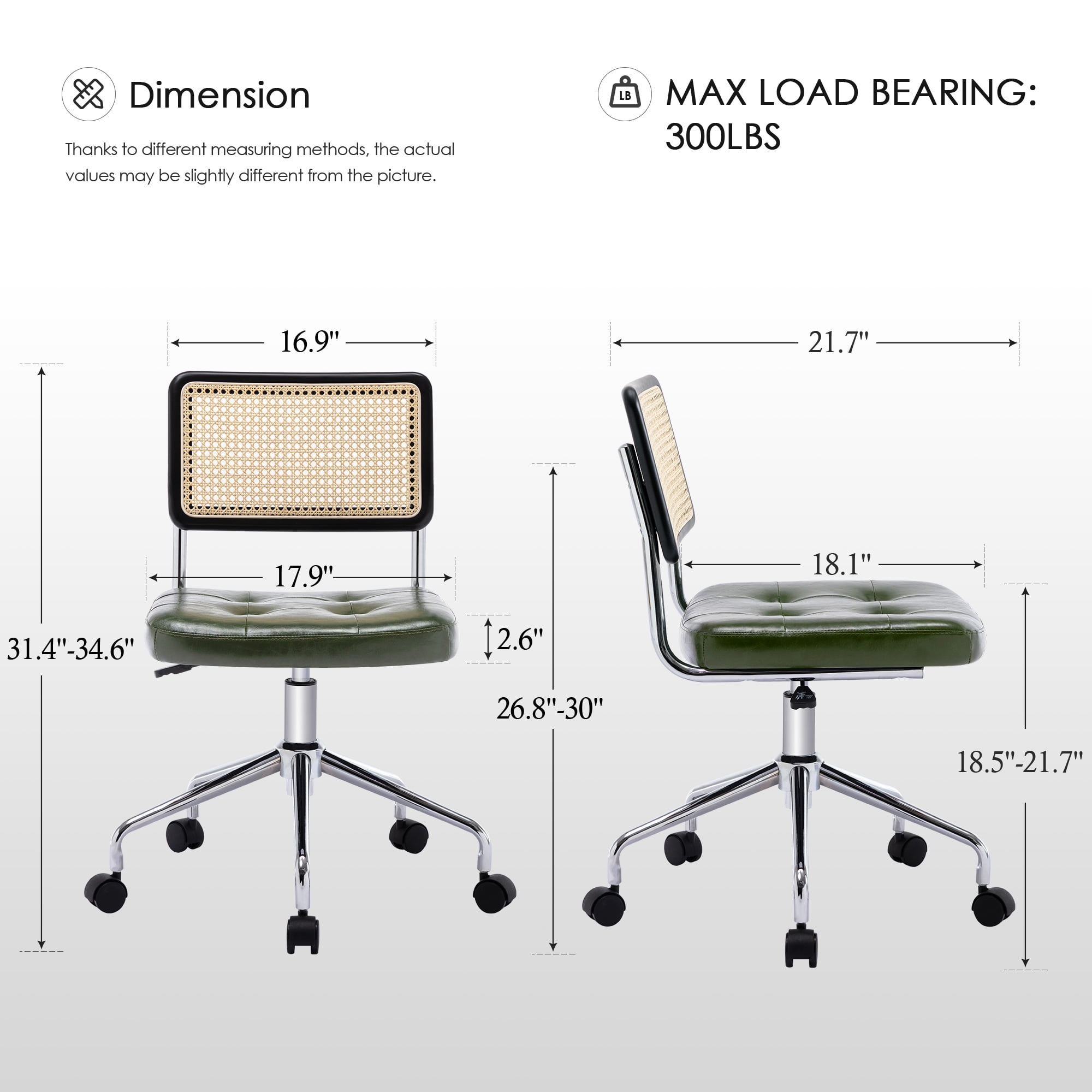 ONEVOG Tufted Leather Desk Chair, Swivel Home Office Chair with Rattan Back, Upholstered Armless Vanity Chair, Adjustable Height Computer Task Chair, Green