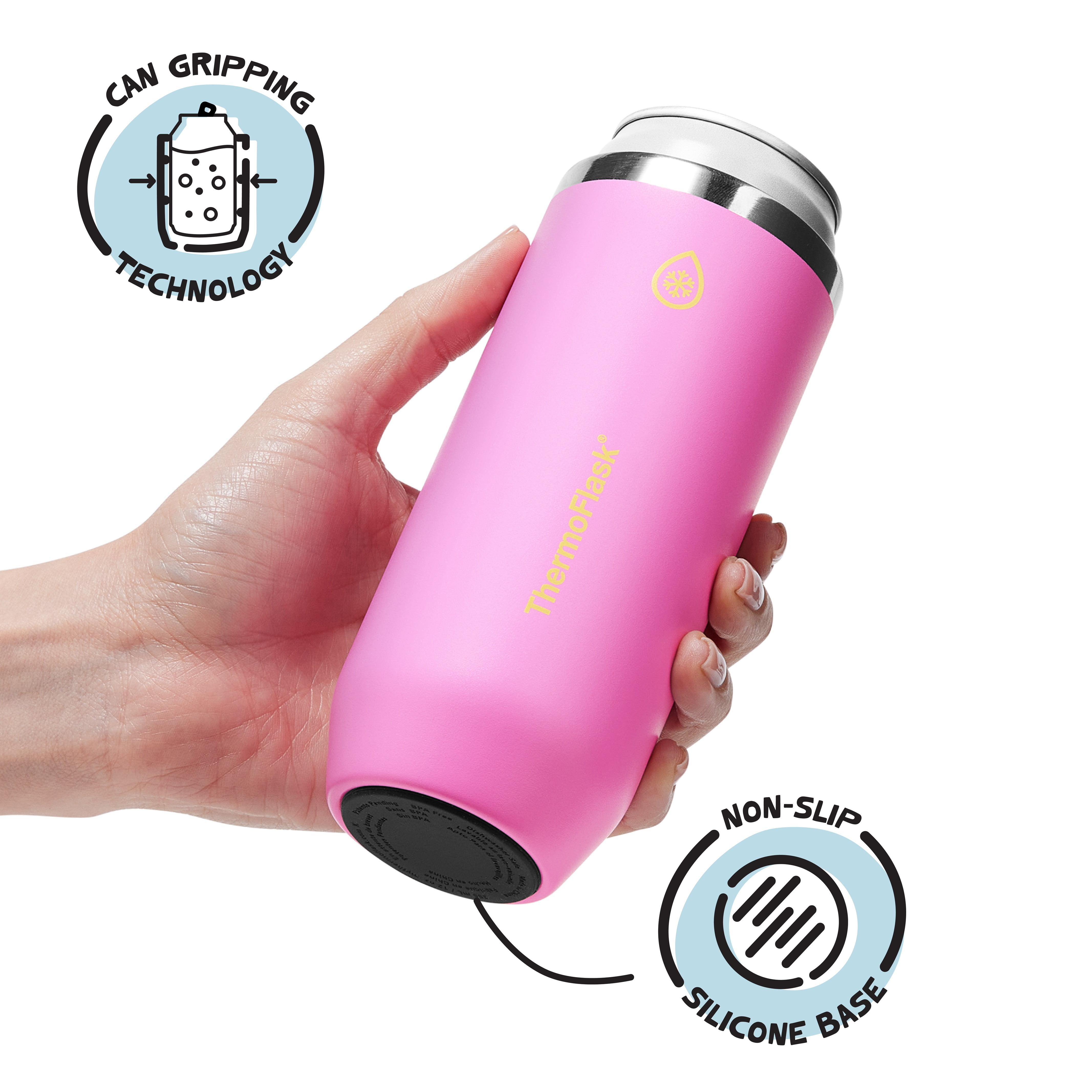 ThermoFlask 12 oz Slim Size 2-In-1 Insulated Can Cooler and Cup, Durable Stainless Steel, Non-Slip Base, Dishwasher Safe, Beverage Container, Shocking Pink