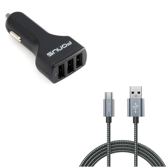 3-Port USB 36W Car Charger w Charger Cord Type-C 10ft USB Cable P5E for Acer Liquid Jade Primo - Alcatel PulseMix, 7, Idol 5S 5 4S - ASUS Zenfone V Live, ROG Phone, AR 6 5z 4 Pro