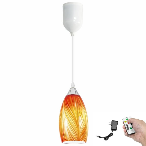 Kiven Battery Operated Pendant Light with Remote Control,1-Light Rechargeable Hanging Pendant Light Adjustable Height with Art Glass Globe for Bedroom Kitchen Bar Living Room TB3232-I