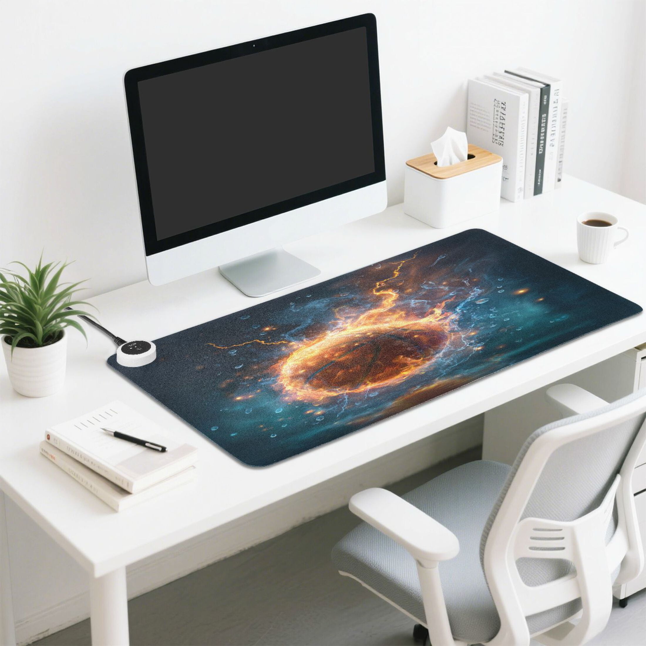 Wobogo Burning Basketball Heated Mouse Pad Extra-Large Desk Mat With 3 Heating Levels and 3-hour Auto Shut-Off Protection Ideal for Computer Keyboards Home Office Hand-warming Essential 31.5in × 13in